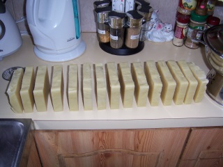 The soap cut into bars with wire cheese cutter