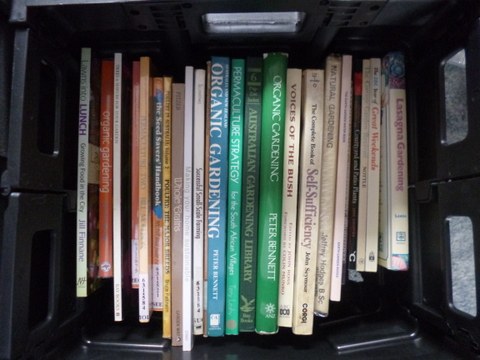 Books stored with spines out so they can be left in the trolley