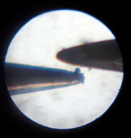 Different pin: LHS new pin, RHS sharpened pin