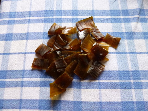 The glue cut up and dried, ready for storage or use